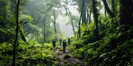 Trekking through a Dense Rainforest, with towering trees and a chorus of exotic wildlifeの素材