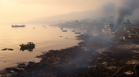 A coastal town enveloped in thick smog, with oil spills polluting the ocean and litter scattered across the beachの素材