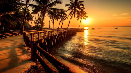 Tall palm tree in a tropical paradise on sunset. Travel and lifestyle concept. Golden sand coast.の素材