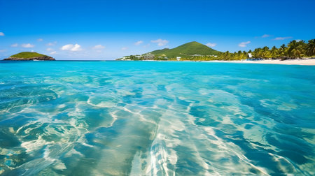 Discovering a hidden island paradise with crystal-clear waters, lush greenery, and secluded white sandy beachesの素材
