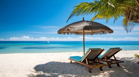 lounge chairs on the beach. sunbath by a tropical sun under the palm trees and umbrellasの素材