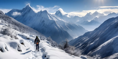 Trekking through a Snowy Mountain Range, enveloped in mist, under a clear blue skyの素材