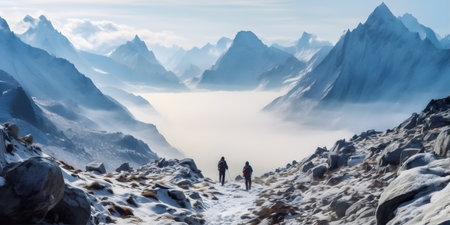 Trekking through a Snowy Mountain Range, enveloped in mist, under a clear blue skyの素材
