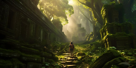 Exploring an Ancient Temple, bathed in golden light, amidst lush greenery,の素材