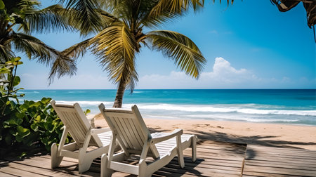 lounge chairs on the beach. sunbath by a tropical sun under the palm trees and umbrellasの素材