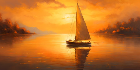 Sailing on a Tranquil Lake at Sunset, with a warm orange glow reflecting off the calm waterの素材