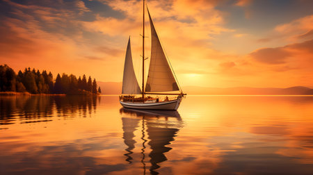 Sailing on a Tranquil Lake at Sunset, with a warm orange glow reflecting off the calm waterの素材