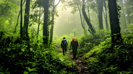 Trekking through a Dense Rainforest, with towering trees and a chorus of exotic wildlifeの素材