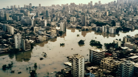 A coastal city engulfed by rising sea levels, with submerged buildingsの素材