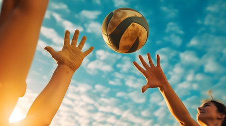 close-up of two athletes playing beach volleyball, their hands reaching high in the air to hit the ballの素材