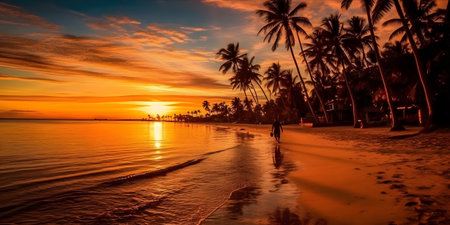 Tall palm tree in a tropical paradise on sunset. Travel and lifestyle concept. Golden sand coast.の素材