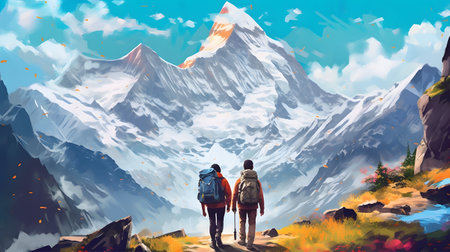 A couple backpacking through a snow-covered mountain range, surrounded by towering peaks, a mix of excitement and serenityの素材