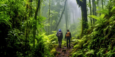 Trekking through a Dense Rainforest, with towering trees and a chorus of exotic wildlifeの素材