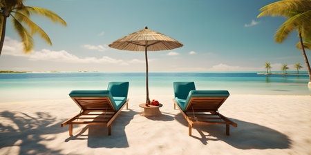 lounge chairs on the beach. sunbath by a tropical sun under the palm trees and umbrellasの素材