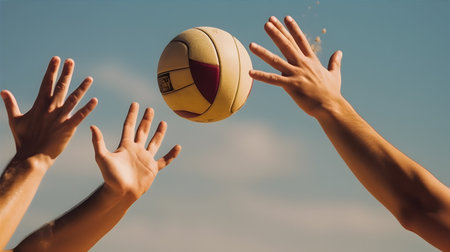 close-up of two athletes playing beach volleyball, their hands reaching high in the air to hit the ballの素材