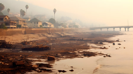 A coastal town enveloped in thick smog, with oil spills polluting the ocean and litter scattered across the beachの素材