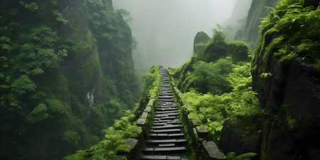 A serene mountain path leading to a hidden temple, covered in lush greenery, with misty peaks in the backgroundの素材
