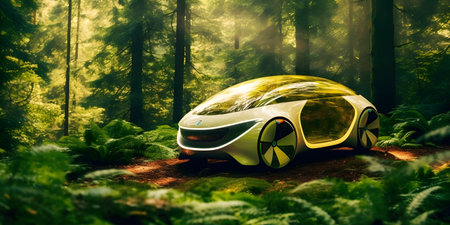 An innovative electric vehicle zooming through a lush, green forest trail, leaving a trail of swirling leaves in its wake.の素材