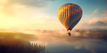 A hot air balloon floating gracefully above a serene, peaceful countryside, painted in the colors of a vibrant sunrise.の素材