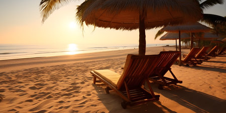lounge chairs on the beach. sunbath by a tropical sun under the palm trees and umbrellasの素材