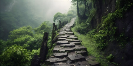 A serene mountain path leading to a hidden temple, covered in lush greenery, with misty peaks in the backgroundの素材