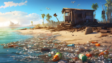 A polluted coastline with trash strewn across the sand and plastic bottles floating in the polluted waterの素材