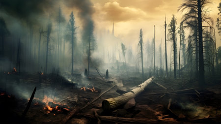A lush forest devastated by deforestation, with charred tree stumps and smoke rising from the ashesの素材