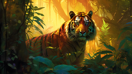A majestic Bengal Tiger emerges from the lush green foliage of an ancient rainforest, its striking orange fur contrasting against the vibrant shades of the surrounding leavesの素材