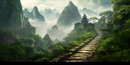 A serene mountain path leading to a hidden temple, covered in lush greenery, with misty peaks in the backgroundの素材