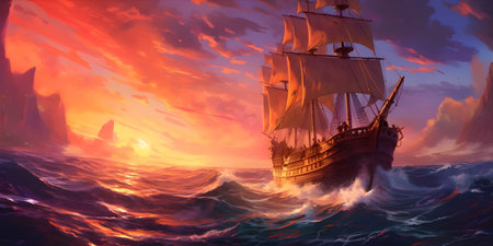 A group of adventurers sailing across a vast open sea, under a vibrant sunset sky, a mix of anticipation and freedom.の素材