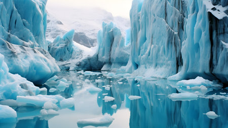 A melting glacier in a remote Arctic region, with massive chunks of ice breaking off into the turquoise sea. The glacier's surface is cracked and crevassedの素材