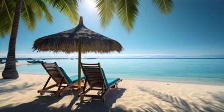 lounge chairs on the beach. sunbath by a tropical sun under the palm trees and umbrellasの素材