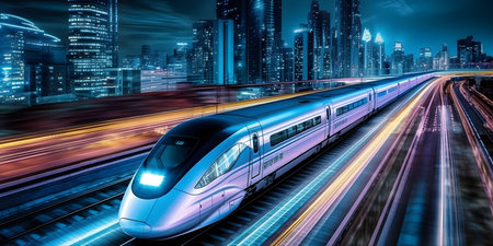 A high-speed bullet train racing through a modern cityscape, surrounded by towering skyscrapersの素材
