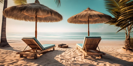 lounge chairs on the beach. sunbath by a tropical sun under the palm trees and umbrellasの素材