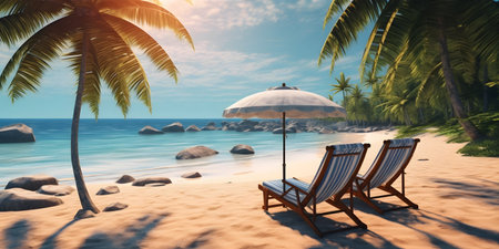 lounge chairs on the beach. sunbath by a tropical sun under the palm trees and umbrellasの素材