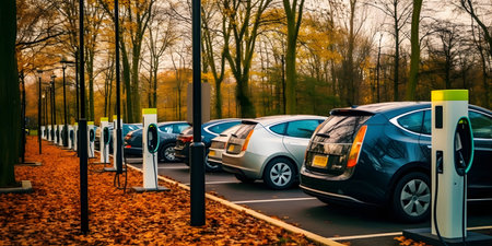 A line of electric cars charging at a public charging stationの素材