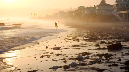 A coastal town enveloped in thick smog, with oil spills polluting the ocean and litter scattered across the beachの素材
