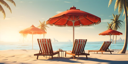 lounge chairs on the beach. sunbath by a tropical sun under the palm trees and umbrellasの素材