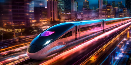 A high-speed bullet train racing through a modern cityscape, surrounded by towering skyscrapersの素材