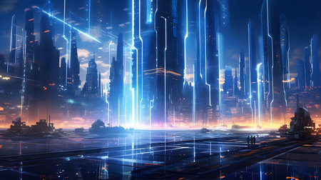 A futuristic cityscape with massive holographic barriers and advanced security systems protecting its towering skyscrapers. Generative ai.の素材