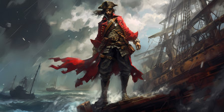 Adventurous pirate, wearing a tattered red bandana and an eyepatch, standing on the bow of a weathered wooden ship. Generative ai.の素材