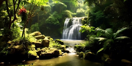 A cascading waterfall amidst a verdant rainforest, surrounded by towering trees adorned with exotic and vibrant flowers. Generative ai.の素材