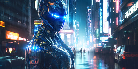Futuristic cyborg, with glowing blue eyes and metallic limbs, standing in a cityscape. Cyberpunk dystopia. Generative ai.の素材