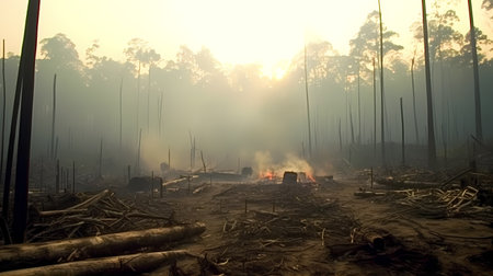 A lush forest devastated by deforestation, with charred tree stumps and smoke rising from the ashesの素材