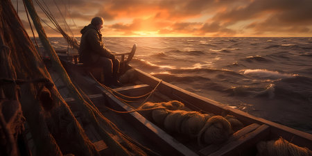 Weathered fisherman sitting on the edge of a weather-beaten wooden boat. Generative ai.の素材