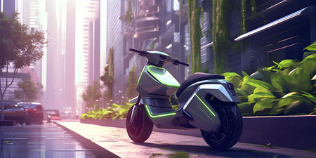 A modern electric scooter zooming along a futuristic city street, surrounded by sleek buildings adorned with vertical gardens.の素材