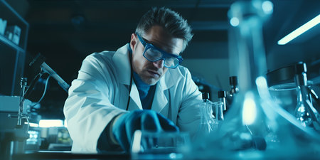 Determined scientist conducting experiments in a futuristic laboratory, surrounded by cutting-edge technology. Generative ai.の素材