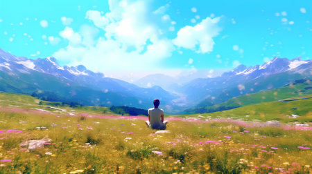 A serene yogi sitting cross-legged on a mountain peak, surrounded by lush green meadows and colorful blooming flowers. Generative ai.の素材