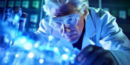 Determined scientist conducting experiments in a futuristic laboratory, surrounded by cutting-edge technology. Generative ai.の素材