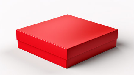 A 3D illustration of an isolated white background with a red, empty, cubic, paper mockup package for visualisations.の素材
